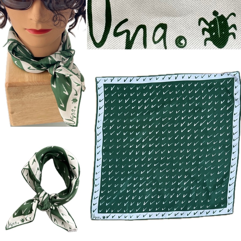 🐞✅ V Pattern Vera Neumann Vintage Silk Green & White Square Scarf White Border